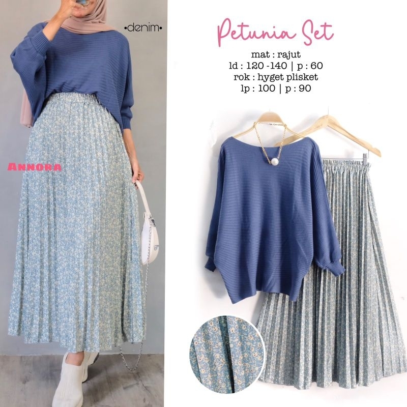 petunia set atasan rajut + rok plisket motif bunga muat jumbo