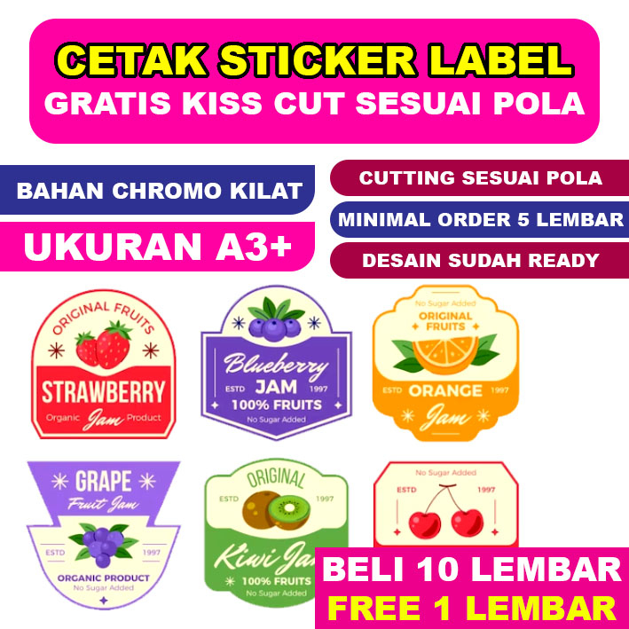 Cetak Stiker chromo kilat Label Makanan Kemasan Online Shop Free Cutting A3+