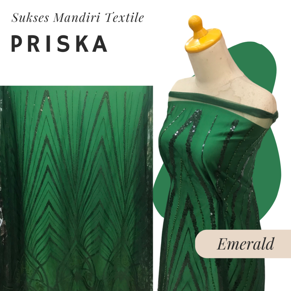 [PRISKA] Brokat Brukat Tile Payet Premium Mewah Warna Emerald Green Hijau | Harga ½ meter = 50 cm (B