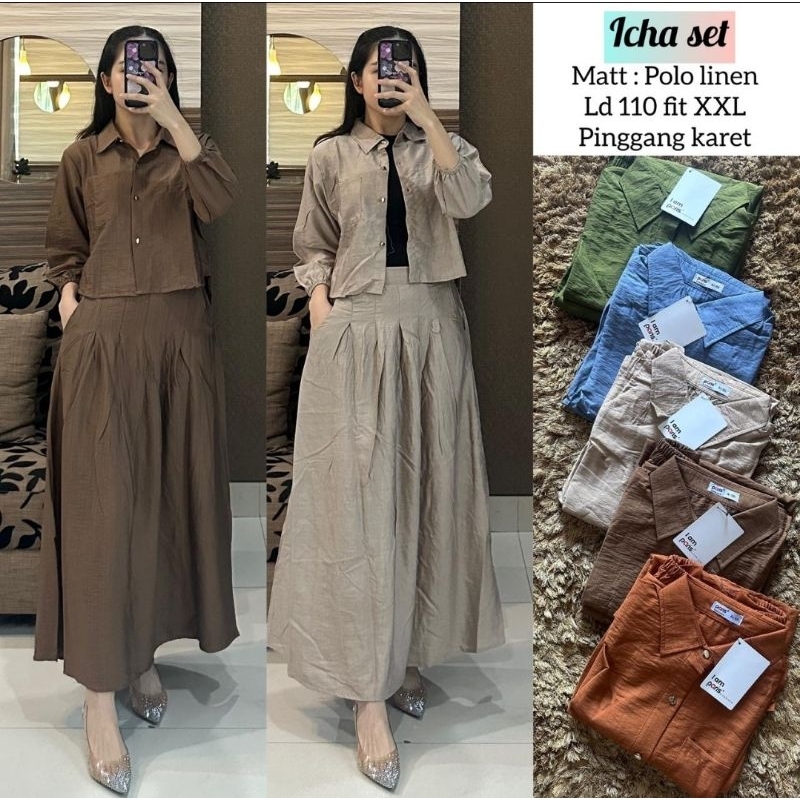 One set atasan dan rok polo linen premium
