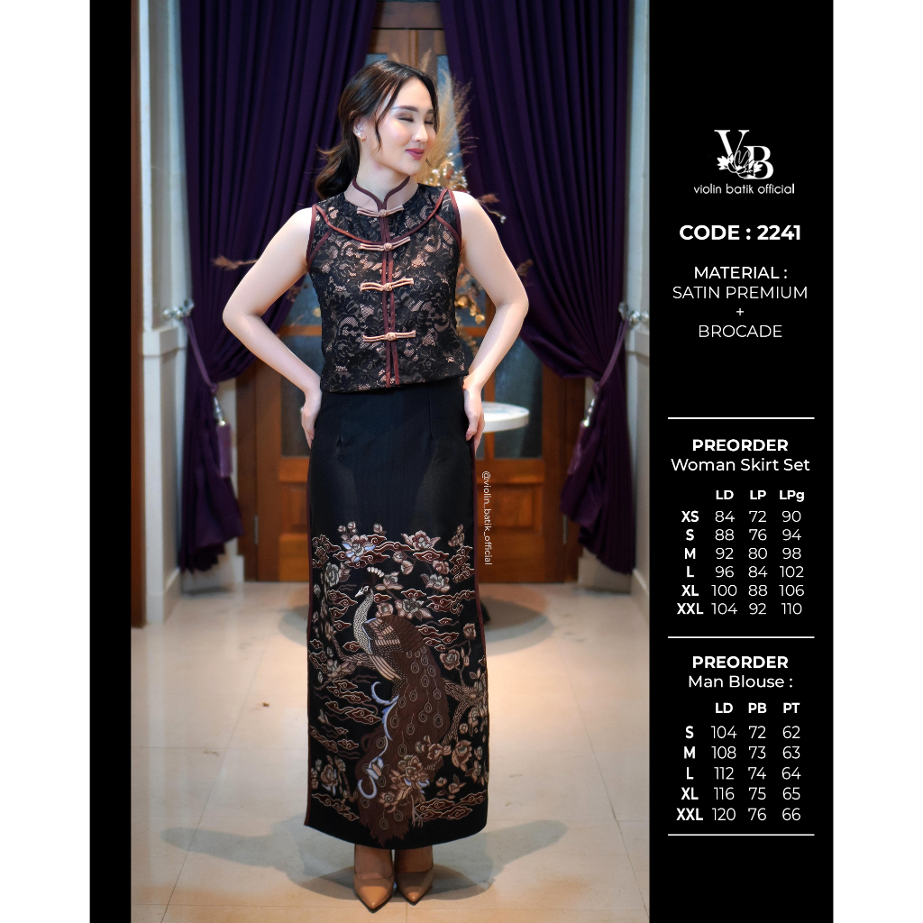 Stelan Batik Satin Hitam Cheongsam Rok Panjang 2241