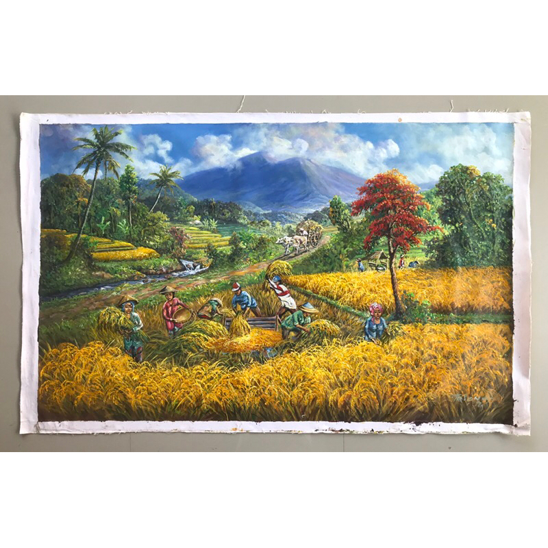 Lukisan Pemandangan Sawah, Fengshui, Ukuran 135 x 85 cm, Lukisan Palet, Lukisan Bali, Lukisan Kanvas