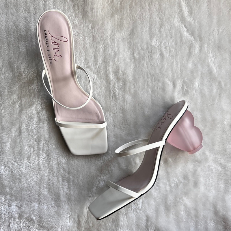 Heels Charles and Keith Strappy Sandal Heart Heel in White Valentine Edition