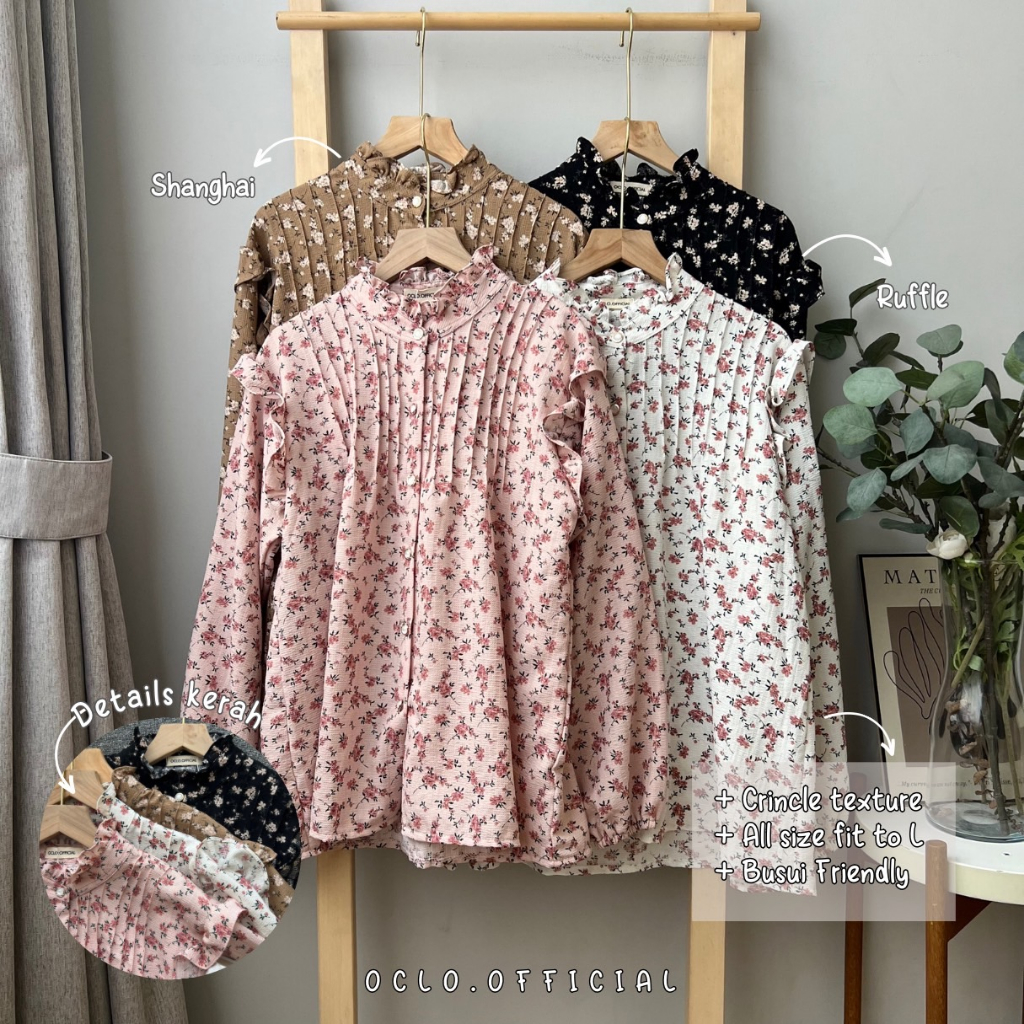 Oclo Himika Blouse atasan wanita Blus Crinkle Casual Motif Bunga-bunga