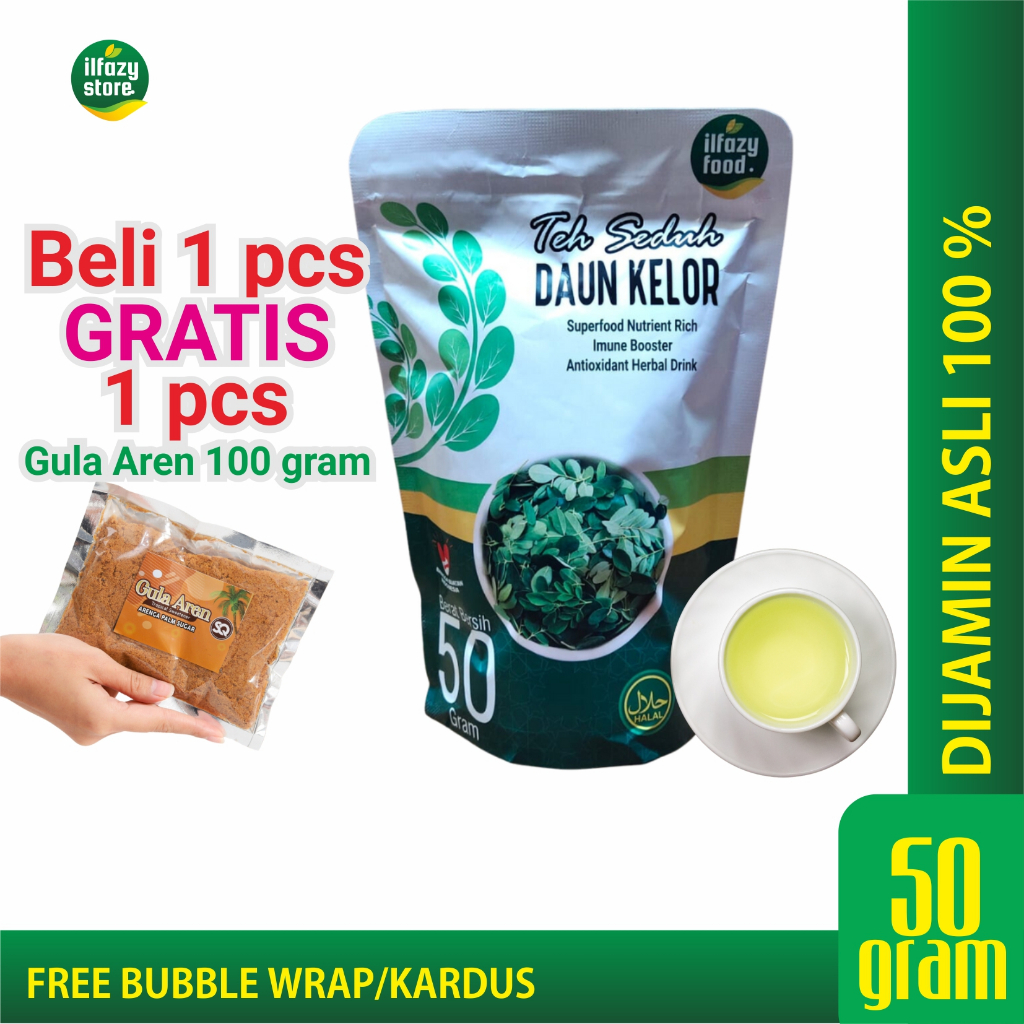 

ILFAZY FOOD Teh Daun Kelor Moringa 50 gram gratis 1 gula aren 100 gram