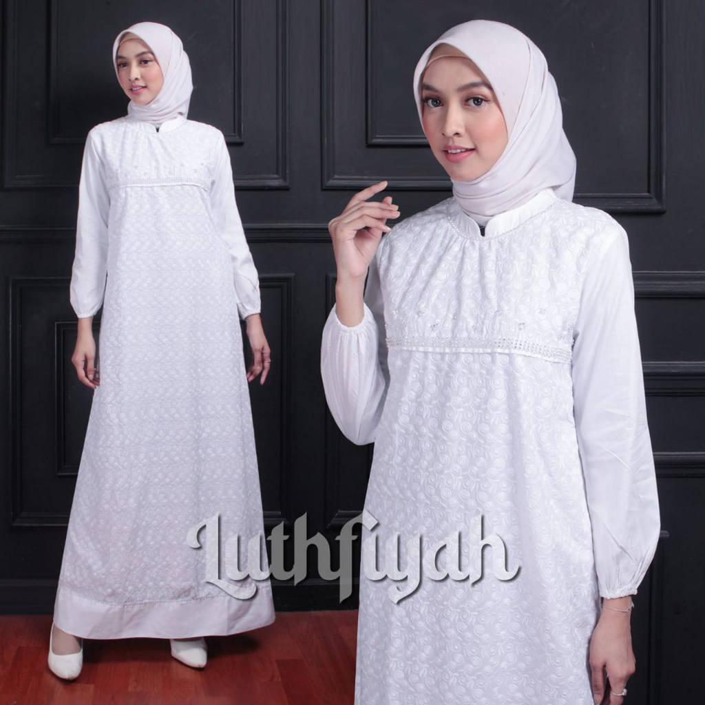 Dress Gamis LC Katun Jepang Polos Motif Putih Baju Muslim Wanita Mewah Terbaru Premium Luthfiyah