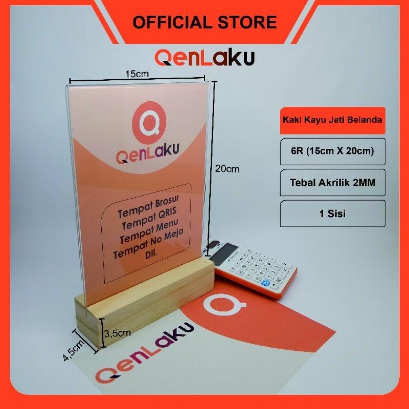 

Acrylic Standing/ Tempat QRIS/ Tempat Brosur/ Menu Cafe 6R Akrilik 2mm Type Kaki Kayu Jati Belanda
