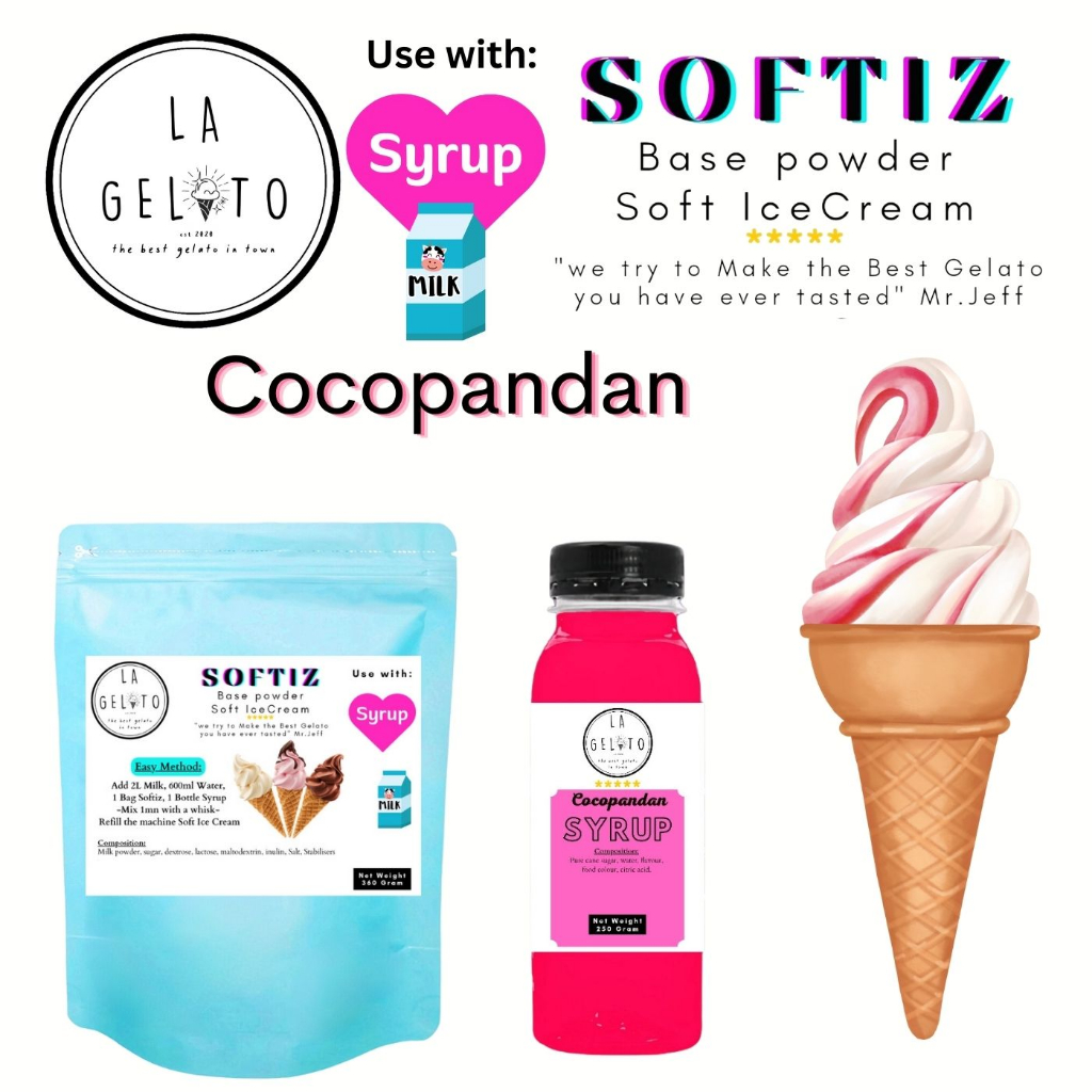 

Paket Softiz bubuk soft ice cream dan sirup cocopandan untuk 3kg