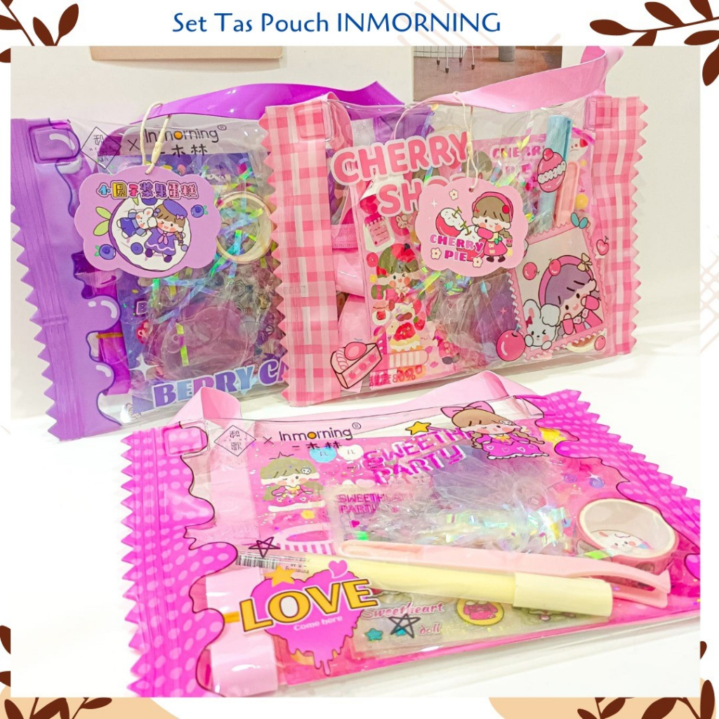 

Set Tas Pouch Inmorning Cherry Shop isi (Sticker, Washi tape, Glue Pen, Penjepit, Gantungan Akrilik, Pita Hologram) DIY Daily Manual Cute Pattern Decorative Tape Sticker Gift CRAFT COD