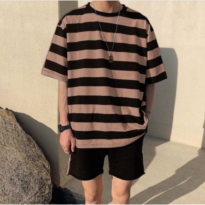 Kaos Salur garis garis Stripe Pria Kaos Baju kaos Distro Baju kaos Terlaris-COKLAT