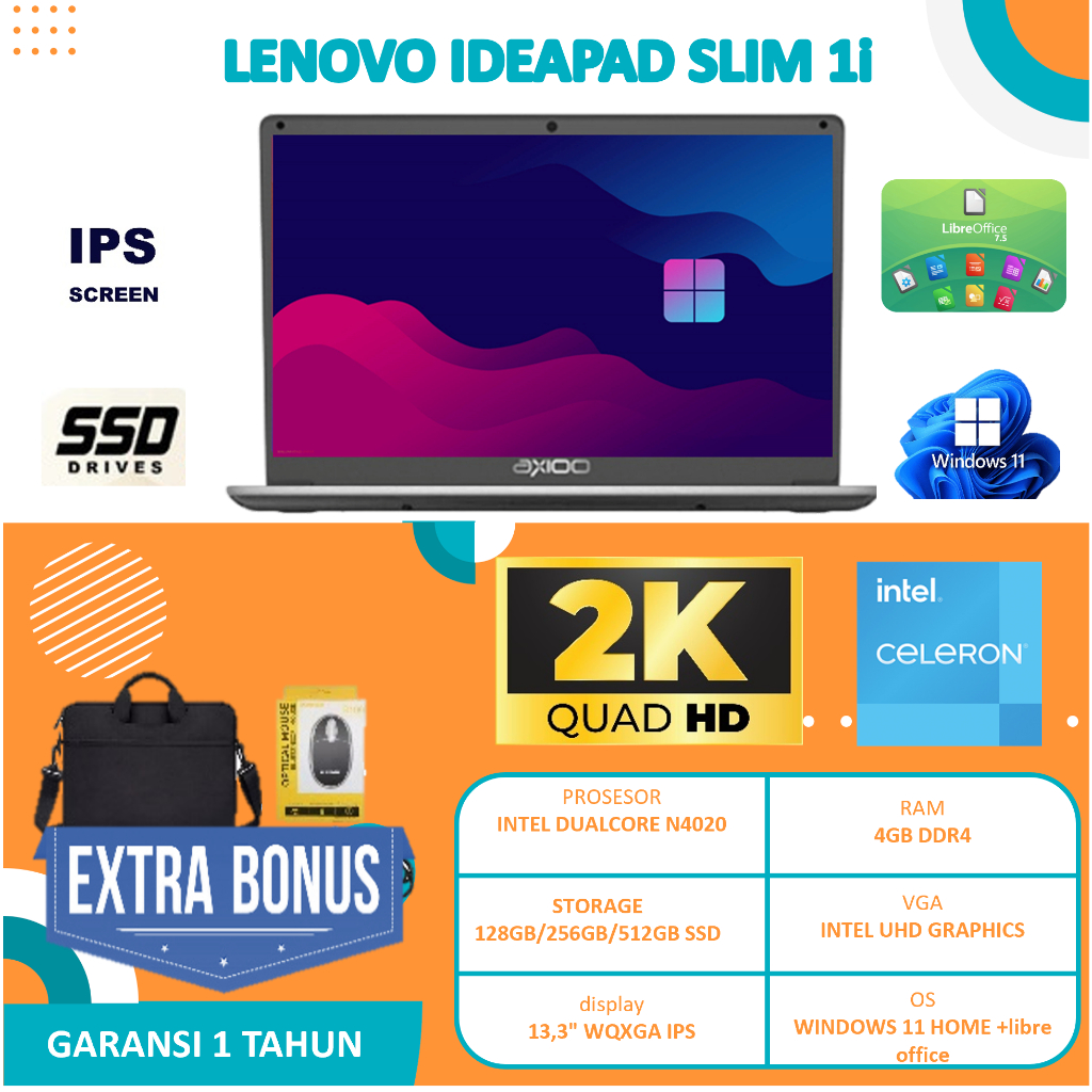 Laptop Sekolah Axioo Slimbook 13 S1 N4020 6GB 256GB IPS Platinum Grey