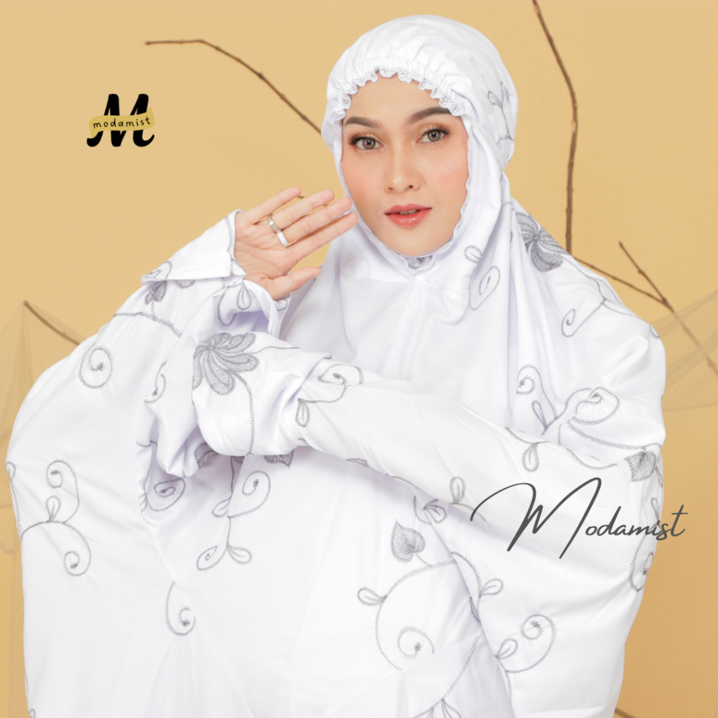 Mukena Terusan Dewasa Putih Full Bordir Renda Bawah