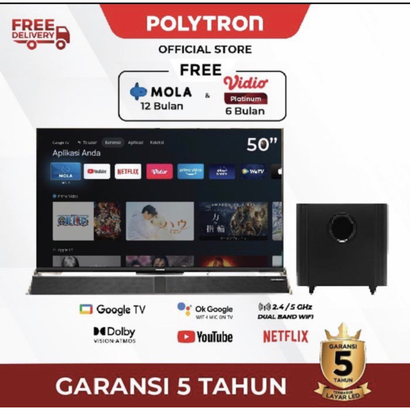 Led Polytron 50 inch 4K UHD smart SOUNDBAR Google tv PLD 50BUG5959