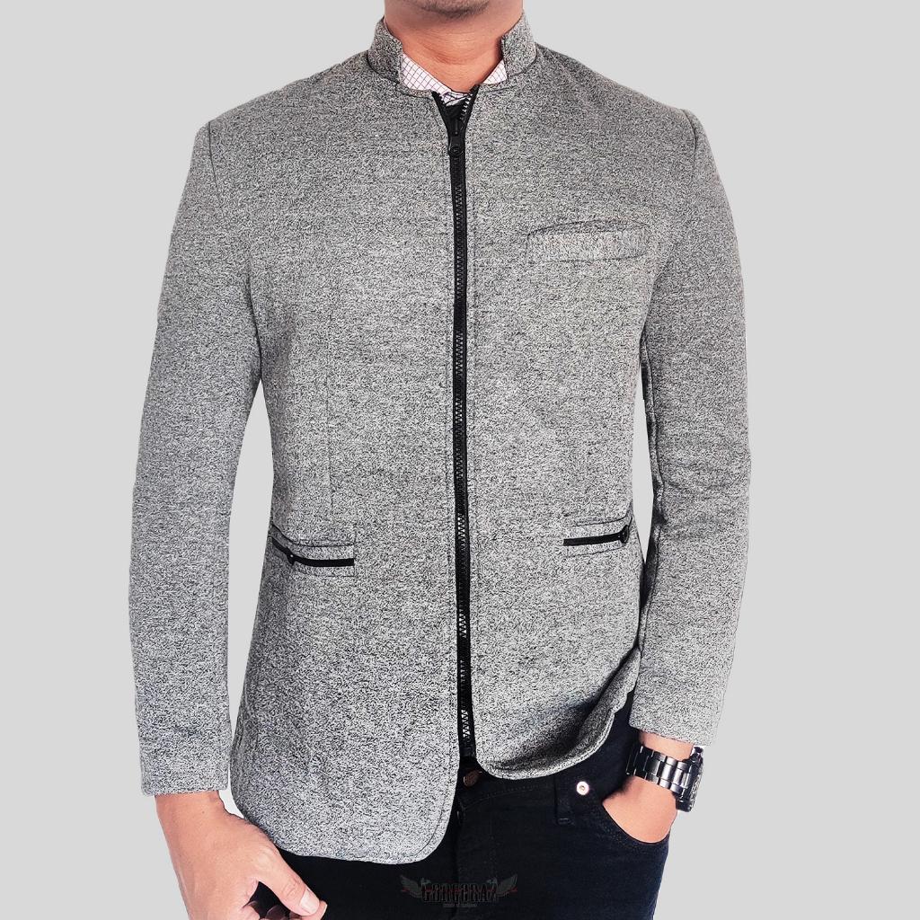 jasko pria blazer jas abu tebal sleting besi slimfit ukuran s m l xl xxl gorgoraz ori