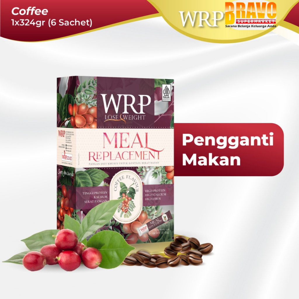 

Bravo Bojonegoro - WRP Meal Replacement Rasa Coffee Flavour , Mocha Green Tea & Chocolate Cereal 324GR (6 Sachet) Dan WRP Meal Replacement Chocolate 400GR - Pengganti Makan