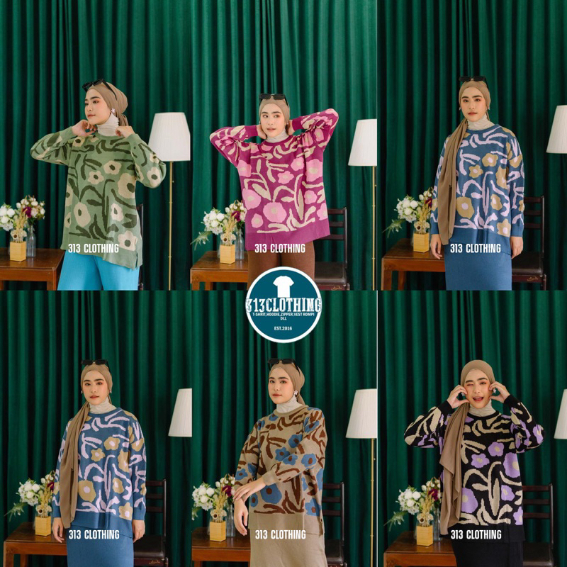 Cyra Flowers Knit Premium Oversize Korean Style | Sweater Rajut Premium Motif Bunga Oversize