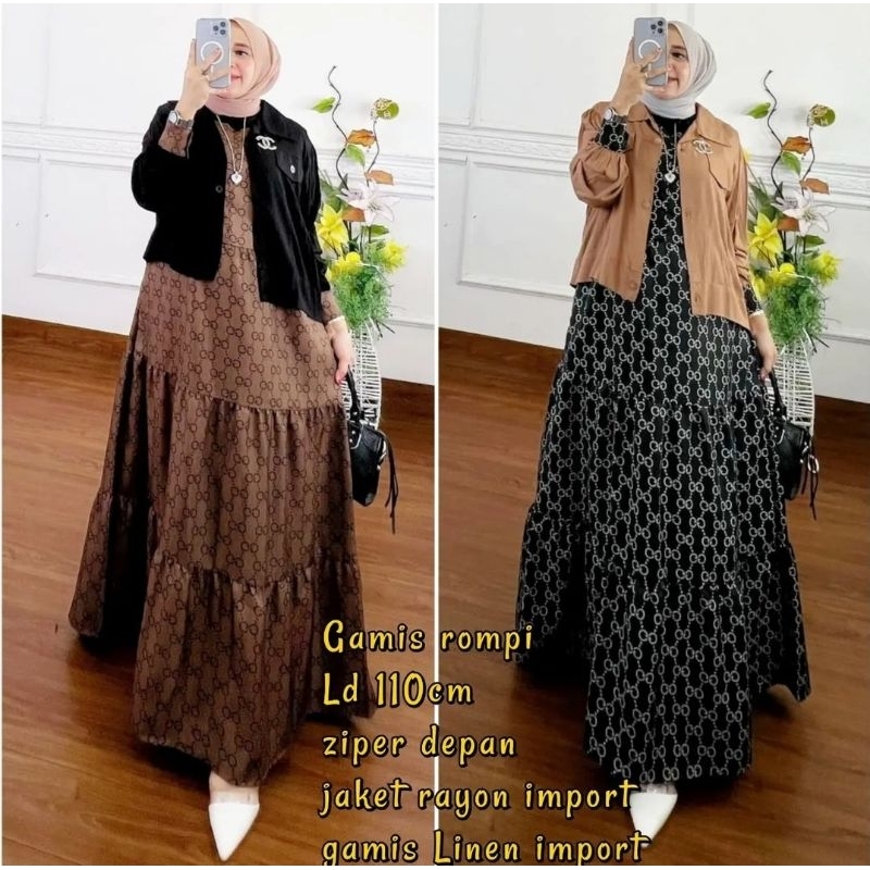Gamis Guci set rompi/blazer 2in1 linen rayon twill