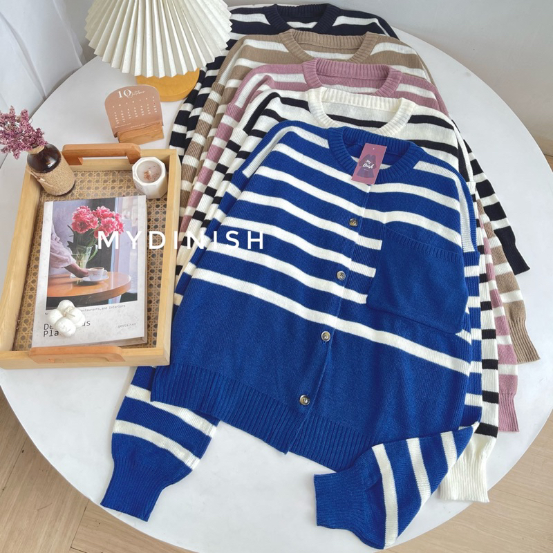 Pocky Cardigan Rajut Wanita Motif Garis