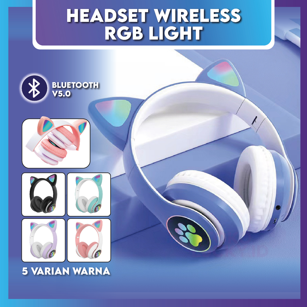 Headset Bluetooth Anak Karakter Kucing Lucu Headphone RGB LED Extra Bass Blutut 5.0