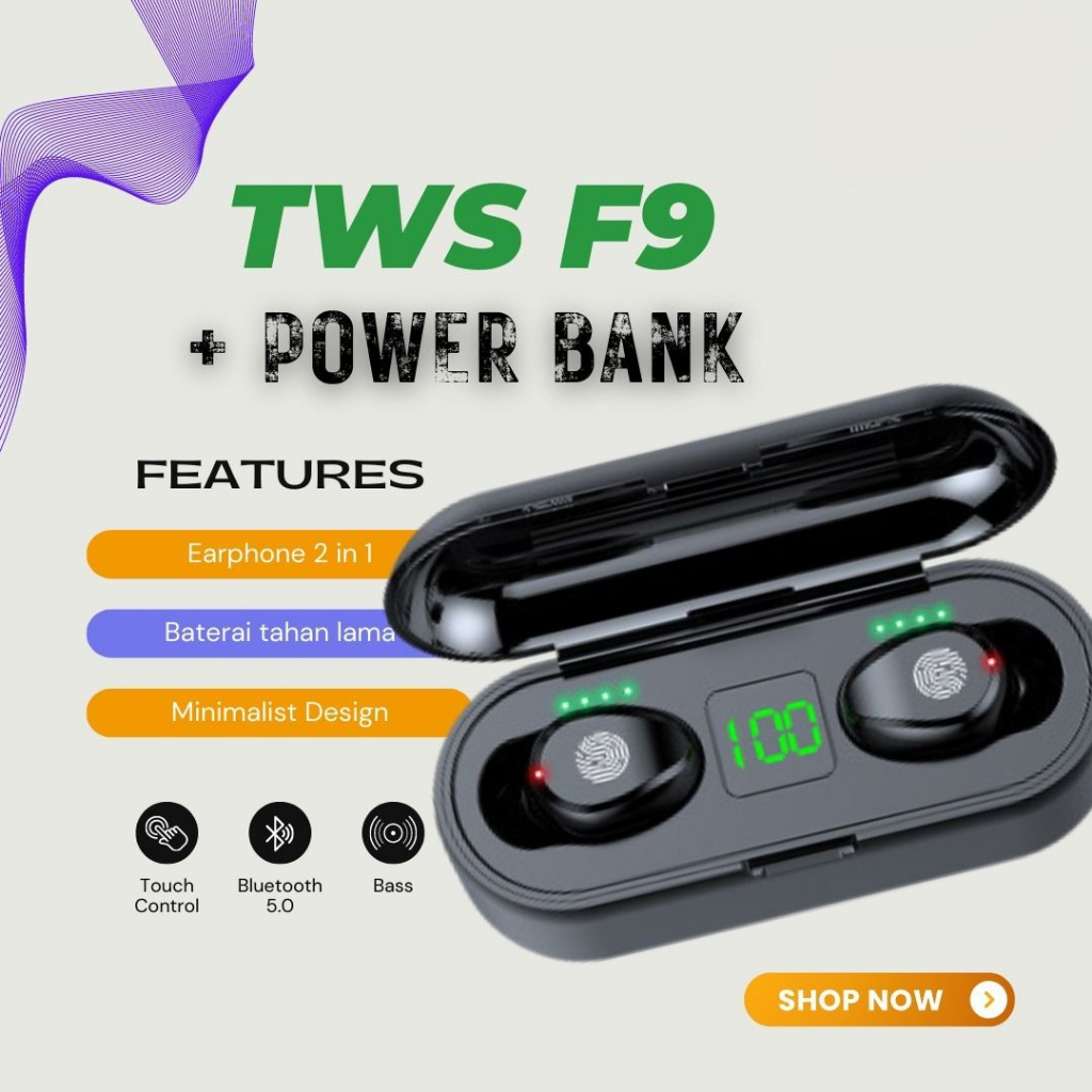 [ TWS ] Headset TWS F9 Earphone Bluetooth 5.0 HiFi Earphone wireless