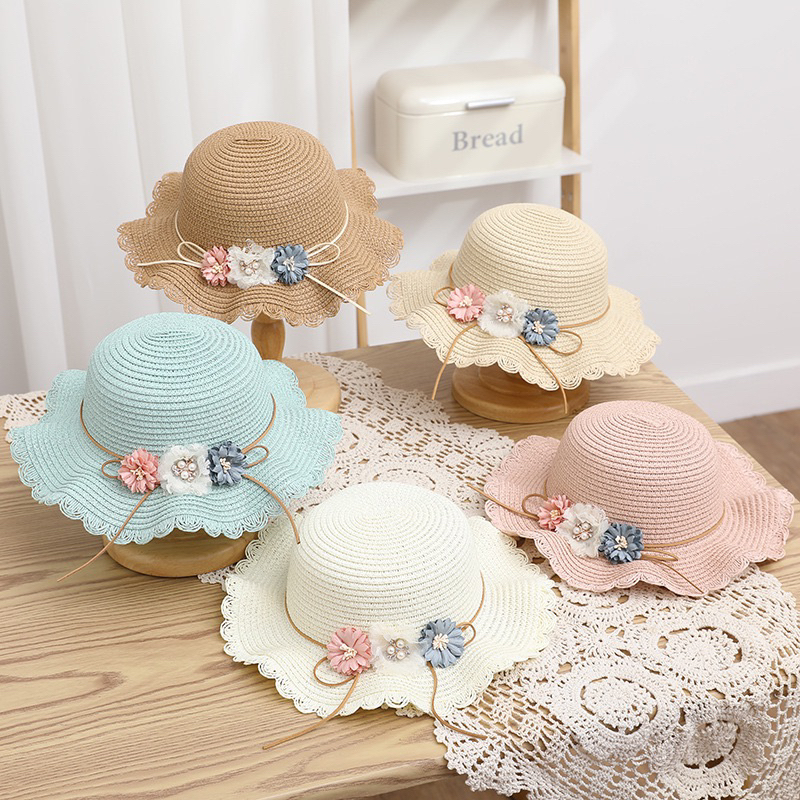 3-5 tahun Topi Pantai  Anak Perempuan Dan Tas Jerami 3 BUNGA MUTIARA