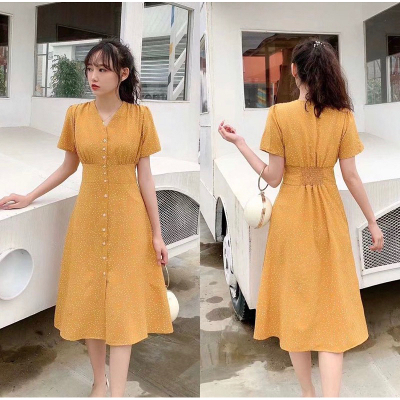 Dotty Dress Polkadot Korean Simple Basic Chic Casual Minimalis Midi Summer Spring Gaun Wanita Cantik