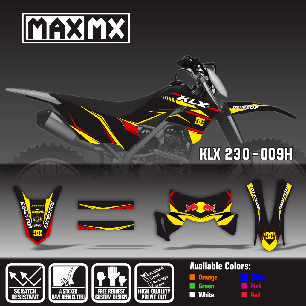 Decal Sticker Striping KLX 230 motif hitam list kuning putih