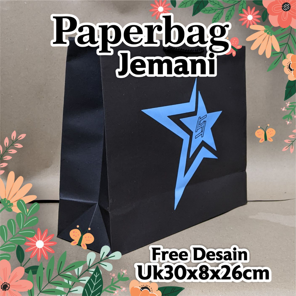 

PAPERBAG TAS KERTAS HITAM JEMANI SABLON EMAS BESAR P30 L8 T26 FREE DESAIN TOKO,WEDDING,BUTIK DLL