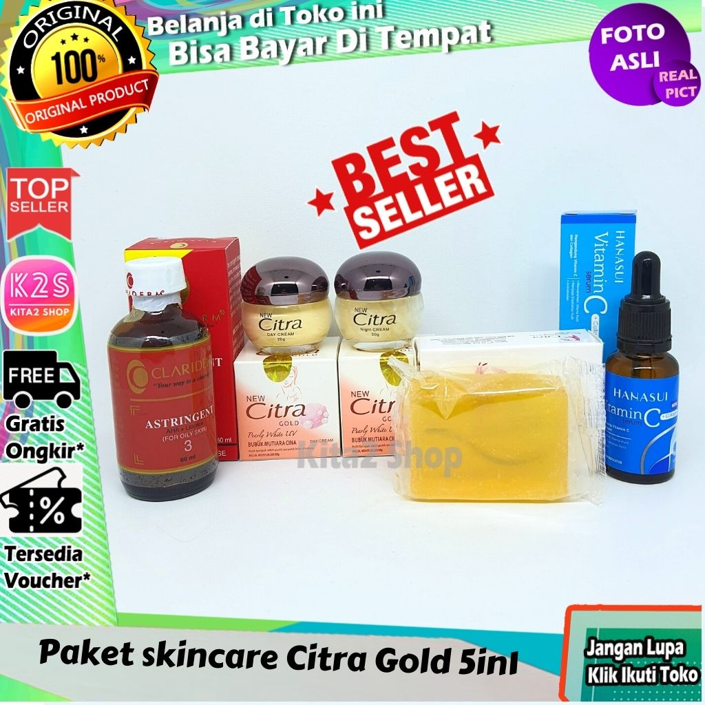 [ GRATIS MASKER WAJAH  ] Paket Citra Gold 5in1 Cream Siang Malam , Toner Clariderm, Serum Hanasui Vi