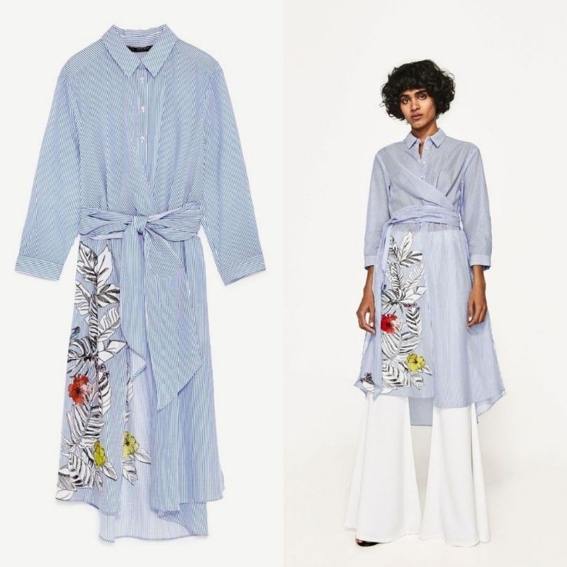 [ZARA] Midi Dress Outer Stripe Shirt Long Sleeve Floral Print With Self Tie Belt Office Blue/ Dress 