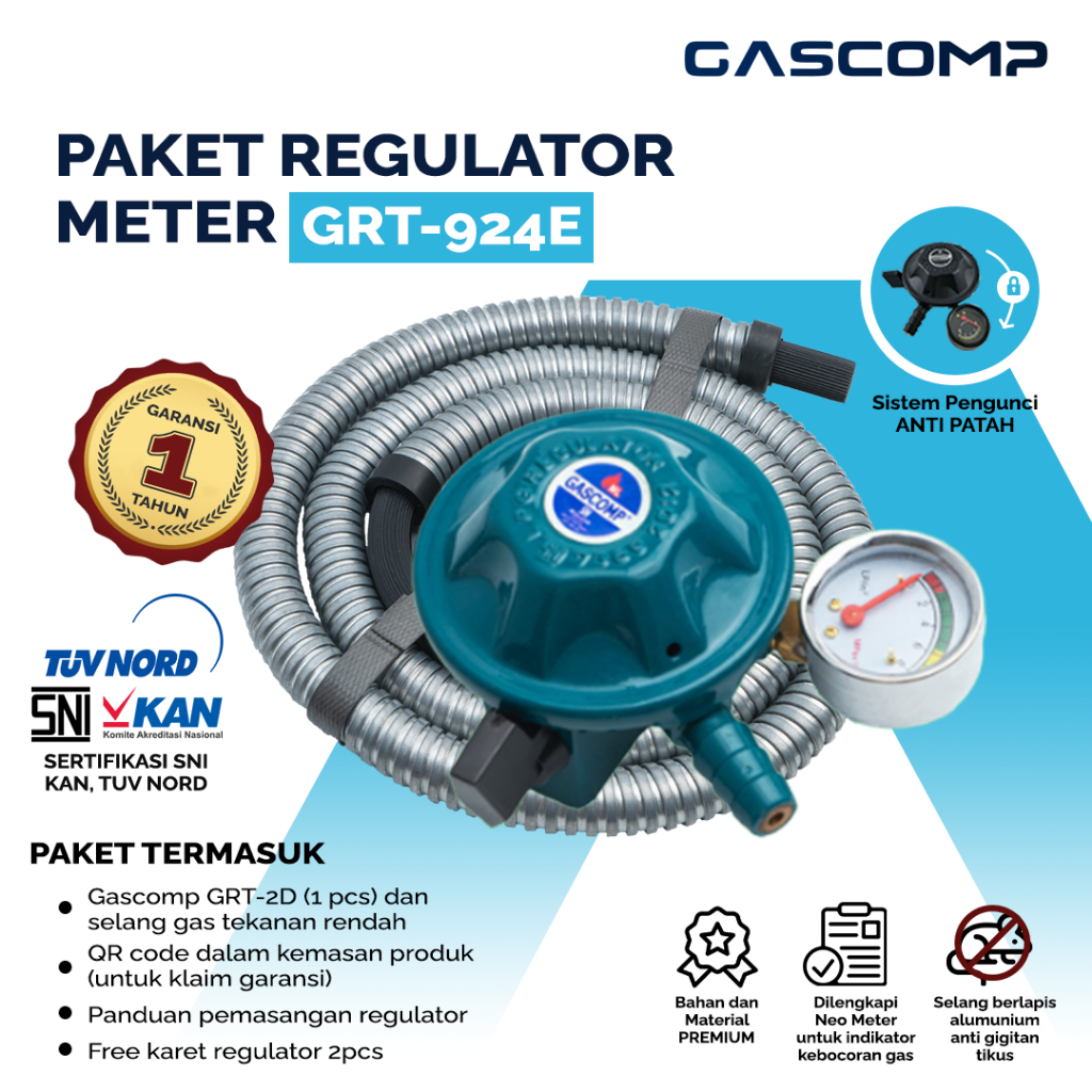 GASCOMP Paket Regulator Meter + Selang (GRT-924E) Regulator Gas Aman Regulator Gas Anti Bocor Regula