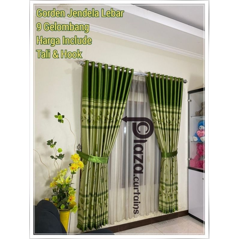 Gorden jendela lebar 2 meter 9 gelombang panjang 240 cm motip bunga tulip hijau,abu, ungu, gold