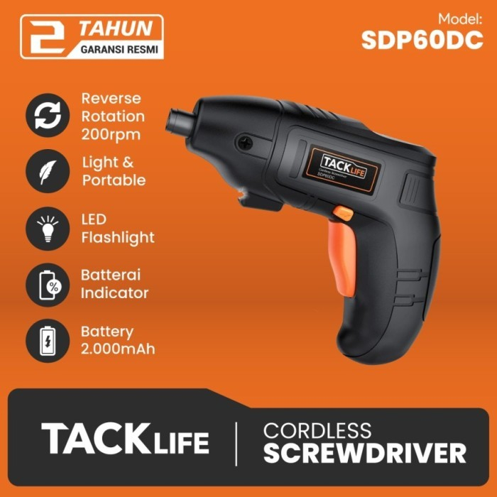 Bor Obeng Tacklife SDP60DC - 200RPM Cordless Rechargeable 2000mAh