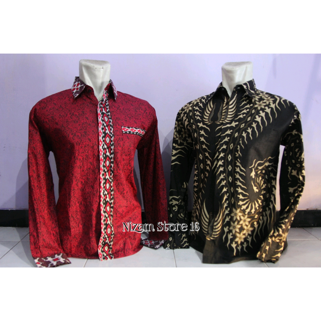 batik pria lengan panjang mega mendung merah