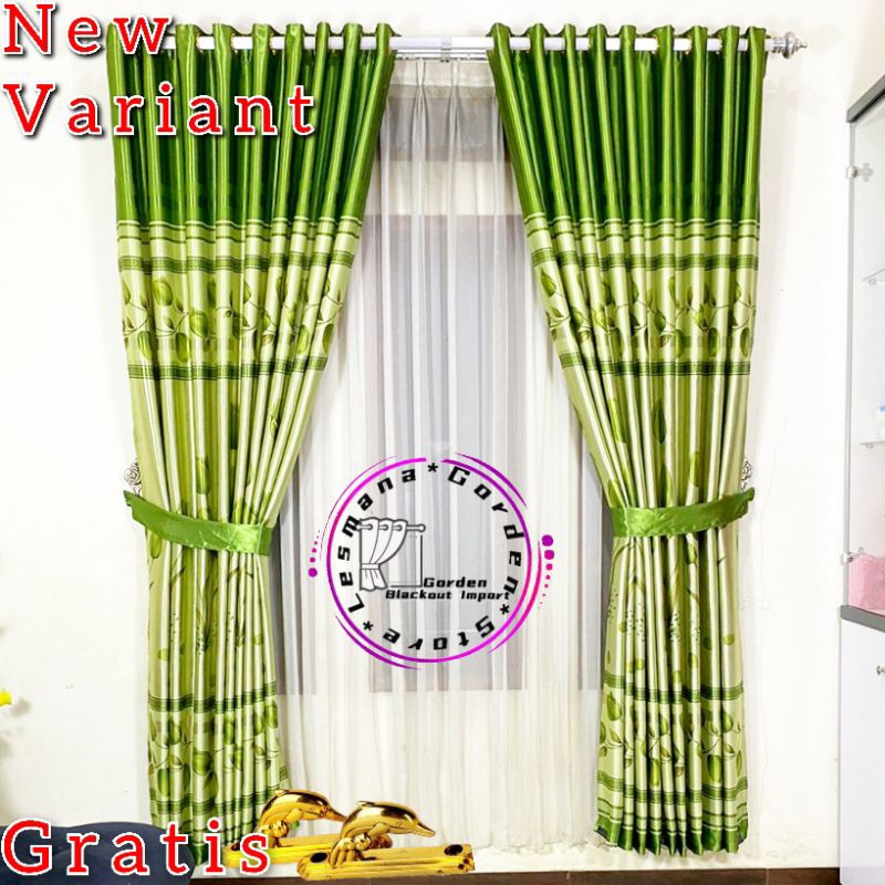 gorden jendela 100% bahan blackout import motif bunga tulip hijau