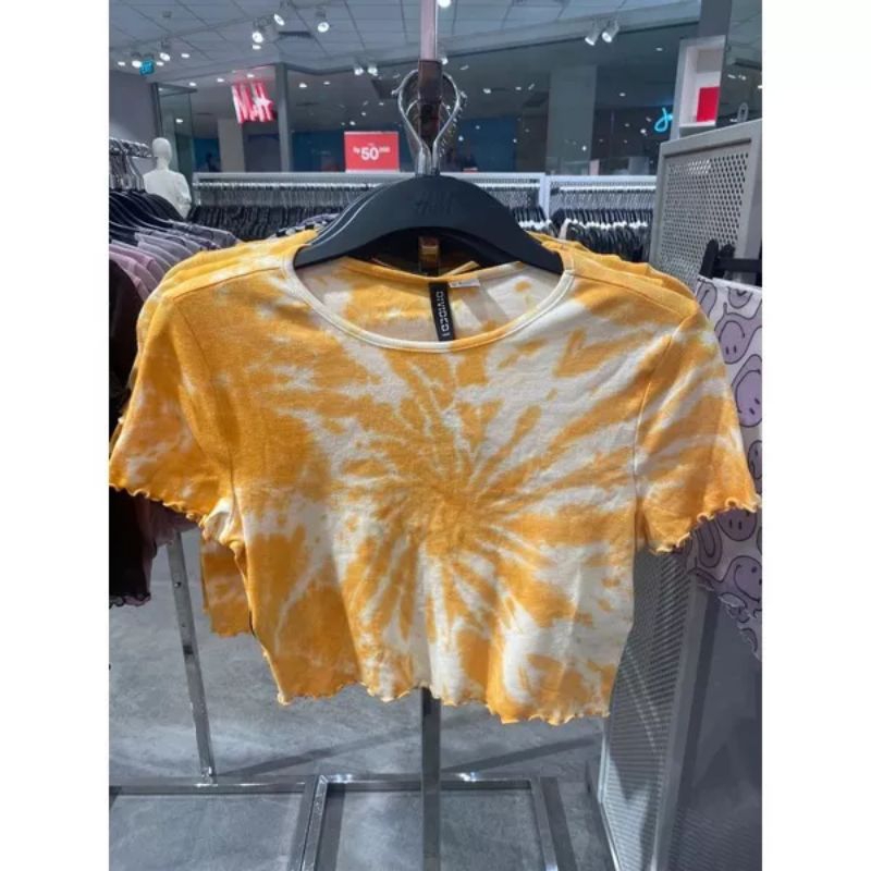 ‼️JASTIP‼️ H&M T-SHIRT CROP TOP TIE DYE OREN PUTIH STRECH SALE 70% (ORIGINAL STORE HNM) - READY SIAP