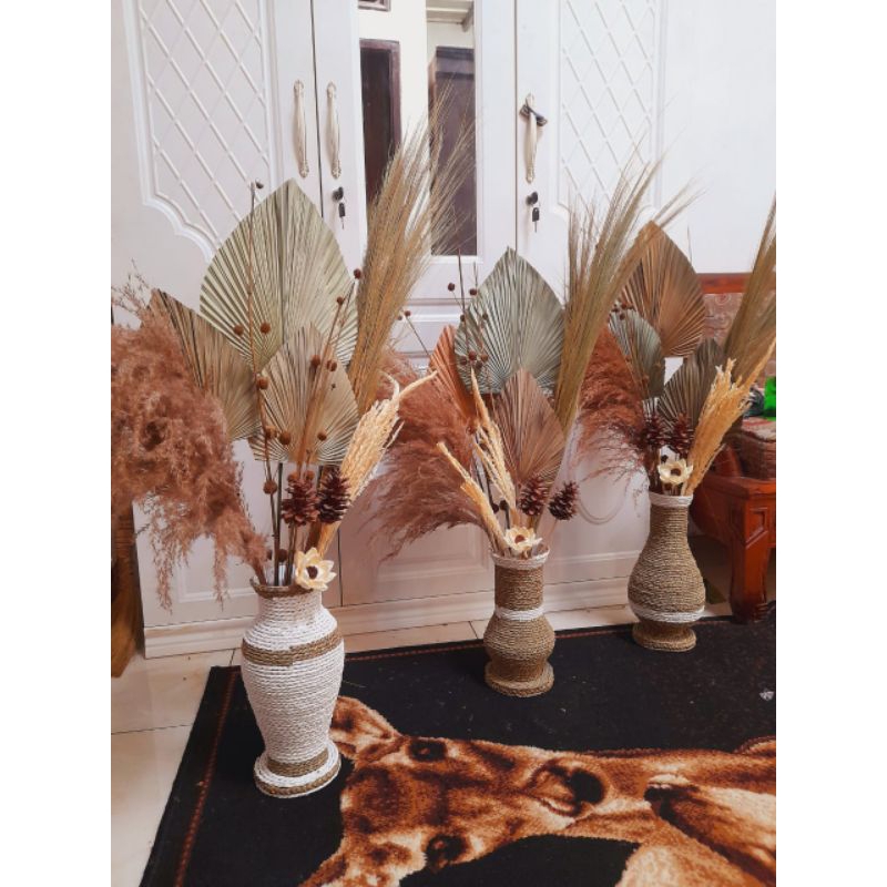 set bunga kering rustic dan vas decorasi rustick