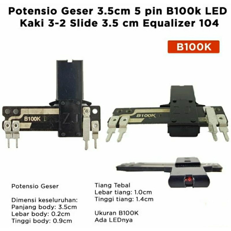 Potensio Geser PCB 3,5cm 5pin Led B100K