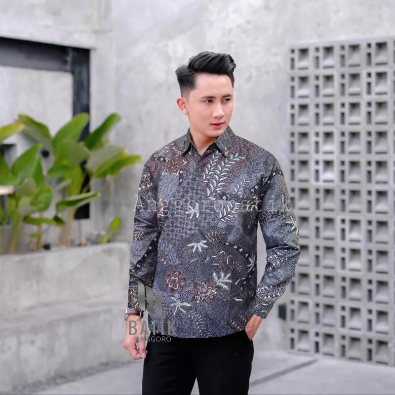 Kemeja Batik Pria Premium Terbaru Baju Atasan Lengan  Panjang Warna Abu Ungu