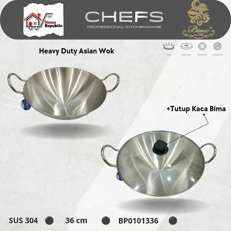 BIMA CHEFS ASIAN WOK WAJAN KUALI STAINLESS 32CM 36CM / 304 - ASIAN HONGKONG WOK BP0101332 BP0101336