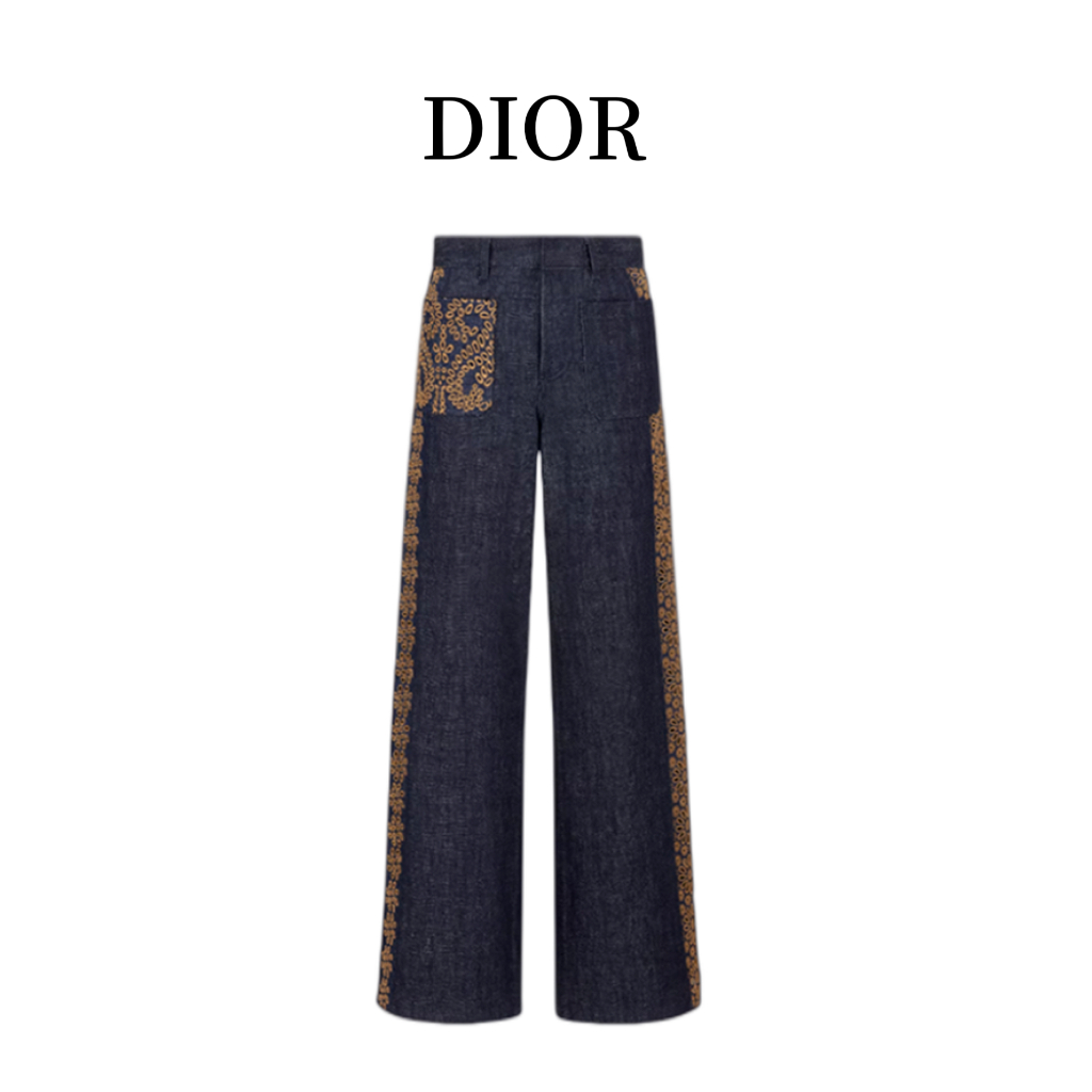 Dior 2023 Summer Embroidered Jeans Flower Straight Leg Pants Long Pants High Waist Pants Female
