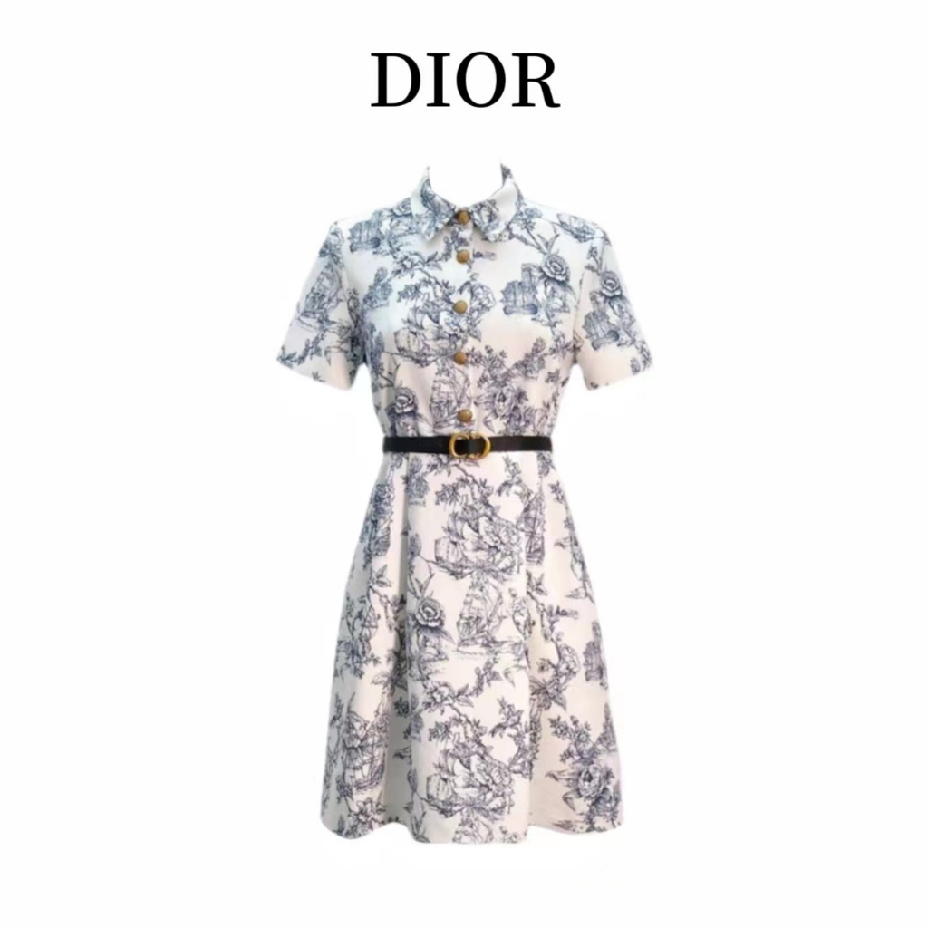 Dior 2023 Summer New Ink Painting Flower Skirt Temperament Celebrity Short Sleeve Waist Dress Women