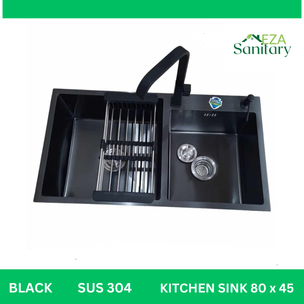 Paket Sink Stainless Steel 304 Black / Bak cuci piring hitam 2 lubang 82 x 45 cm