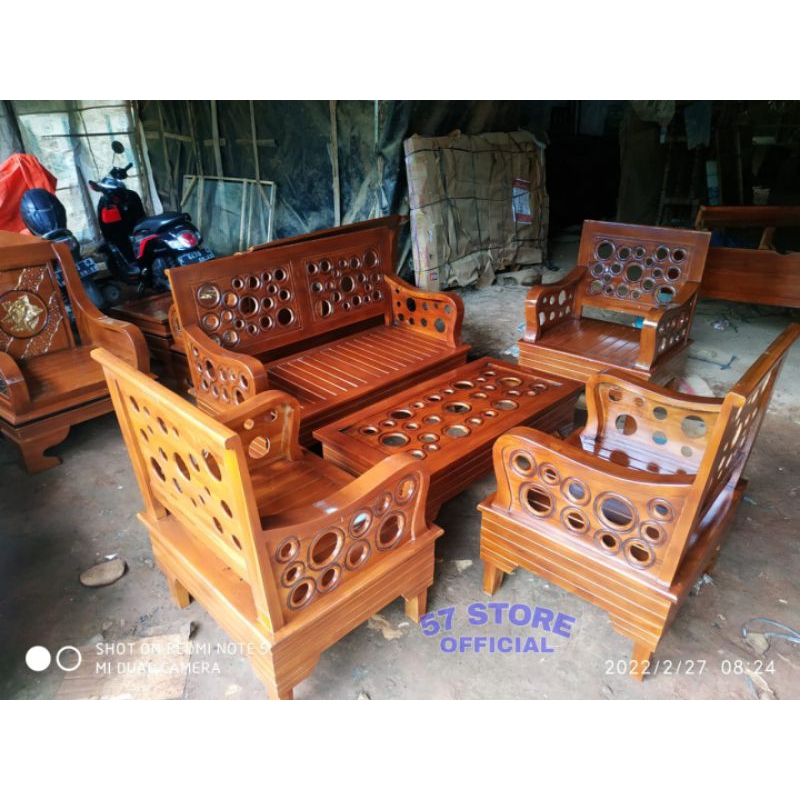 FURNITURE SET  Meja Tamu Santai Motif Bulat Ukir Jati Jepara - Kursi 2111 + Meja