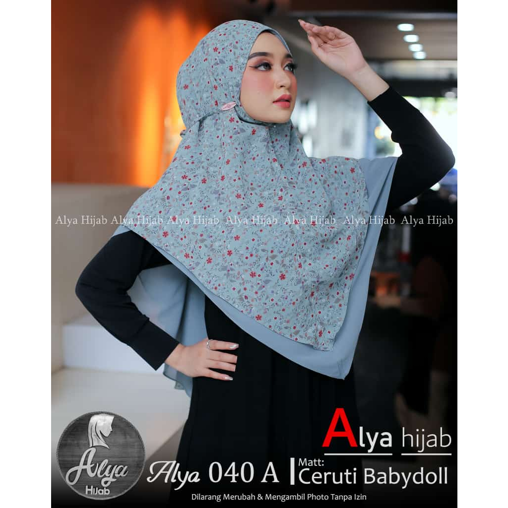 Jilbab instan khimar syar'i Alya 040A Khimar Ceruty Babydoll Printing Premium Ori Alya Hijab