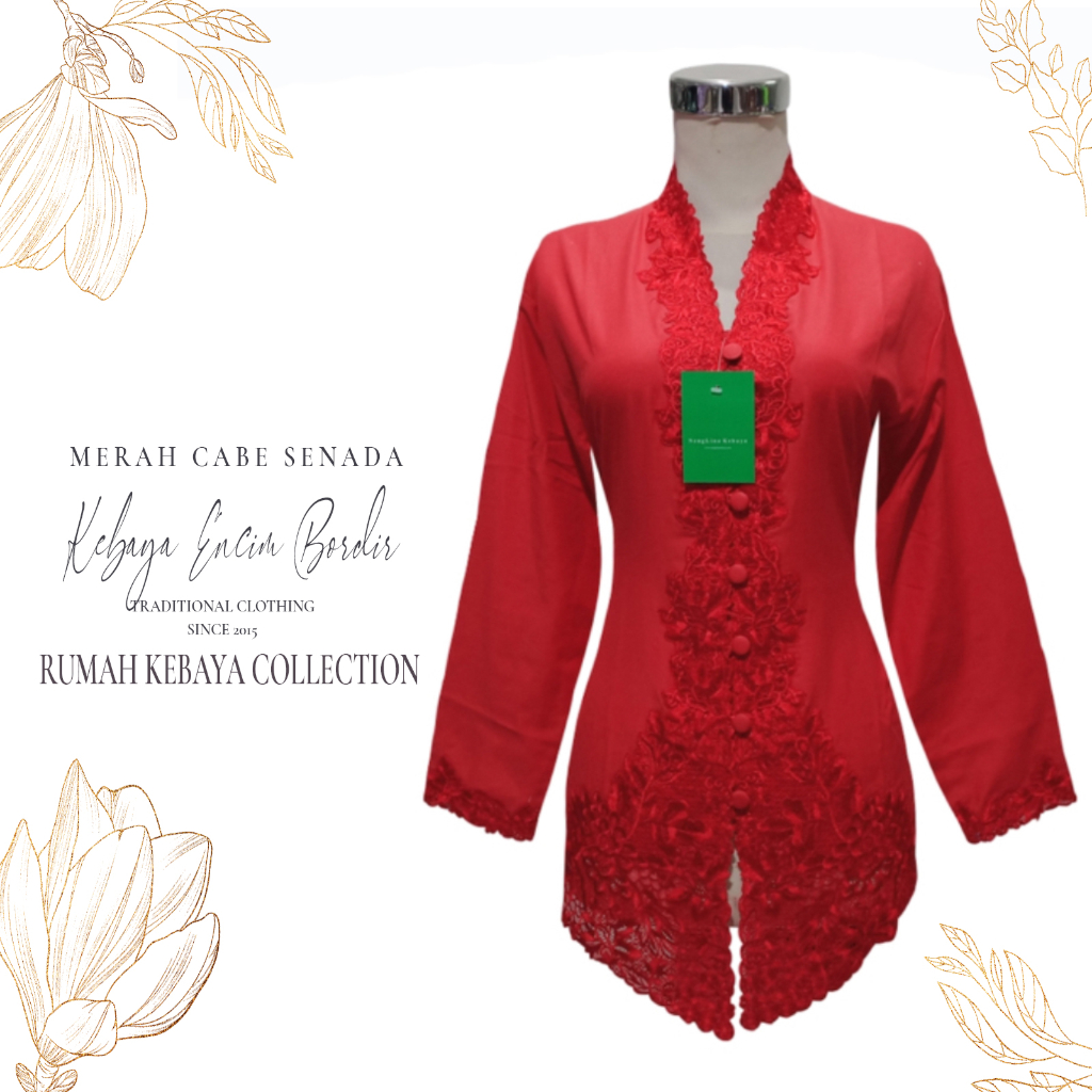 Kebaya Encim Kartini Katun Bordir Modern Merah Cabe Senada Lengan Panjang Bigsize Jumbo