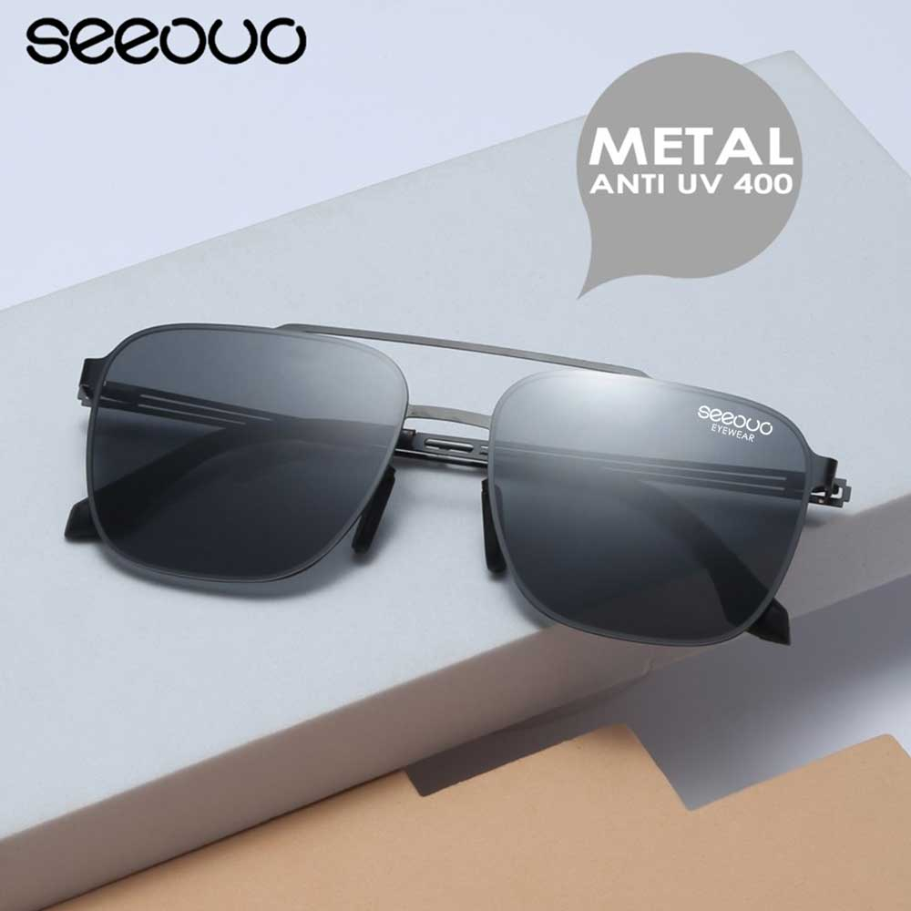 Seeouo - Kacamata Anti UV Lens Double Bridge Kotak Unisex Metal 333