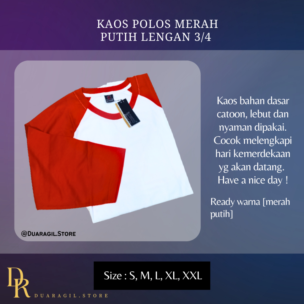 KAOS POLOS MERAH PUTIH LENGAN 3/4 PRIA WANITA