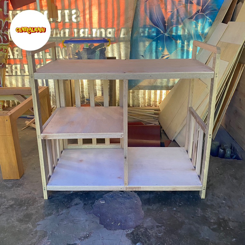 Meja Rak Kayu Tempat Kompor Gas 2 Tungku Serbaguna