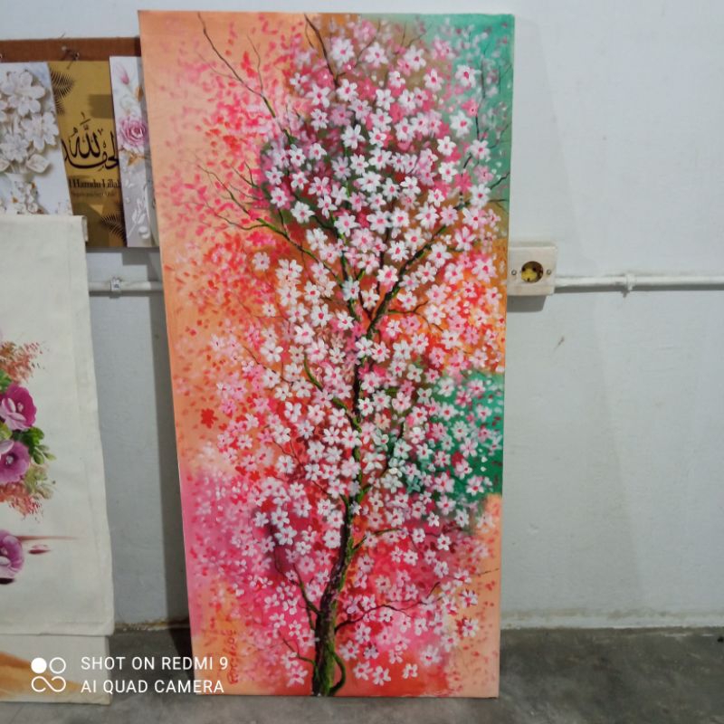 lukisan bunga sakura / lukisan bunga modern / lukisan kanvas 122 x 57